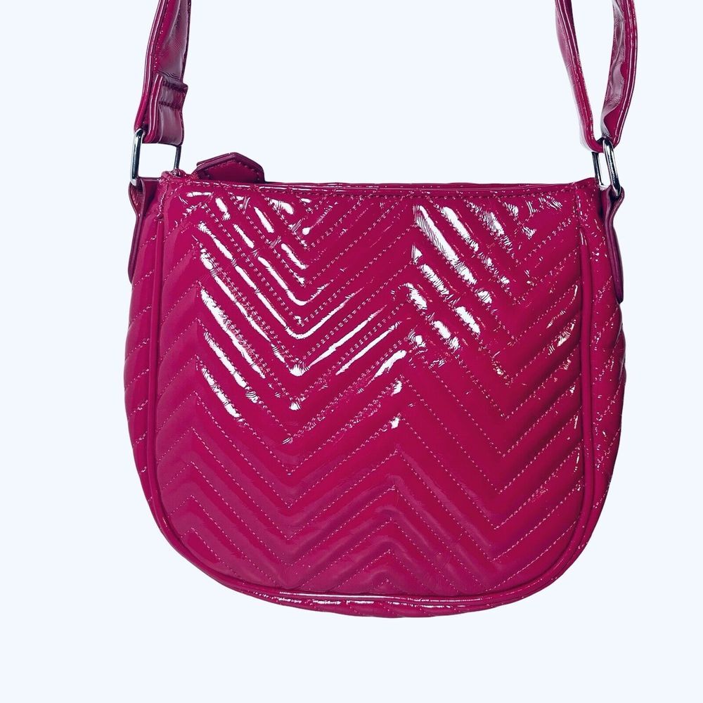 Big‎ Buddha Crossbody Bag Shoulder Tote Bright Pink Faux Patent Leather Chevron - Picture 7 of 16